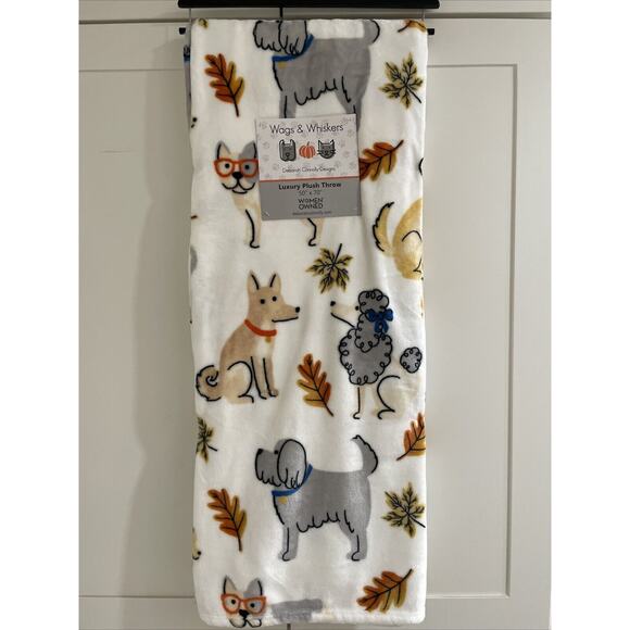 DOGS FALL In SWEATERS GLASSES LEAVES 50x70 Plush Throw Blanket Large Dog Print - Picture 1 of 10